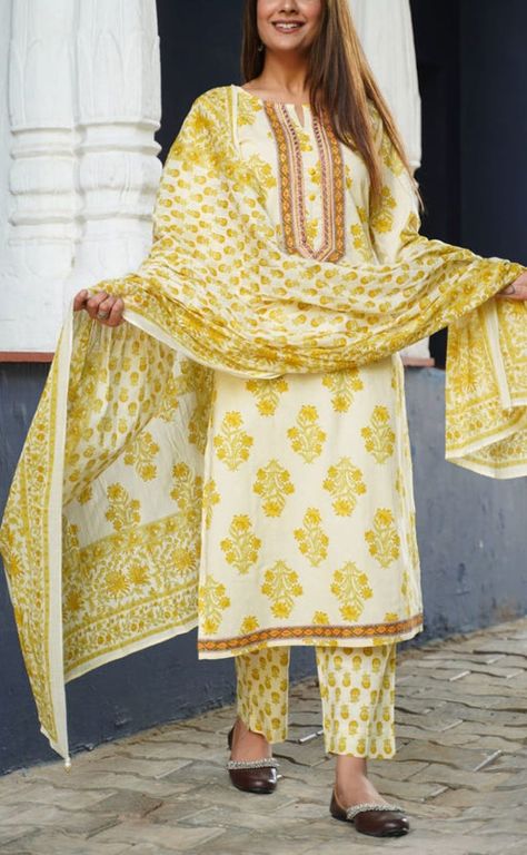 Yellow Floral Kurti With Pant And Dupatta Set .Pure Versatile Cotton. | Laces and Frills Floral Kurti, Jaipur Kurti, Yellow Kurti, Kurti Sets, Kurti Set, Cotton Kurti, Dupatta Set, Straight Pants, Ethnic Fashion