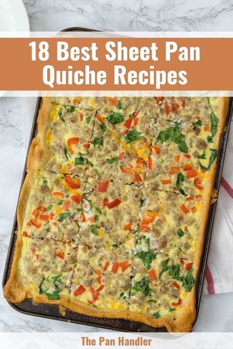 Quiche Recipes For A Crowd, Sheet Pan Quiche Brunch Recipes, Breakfast Quiche For A Crowd, Sheet Pan Brunch Recipes, Crustless Quiche 9x13 Pan, Quiche In A 9x13 Pan, Quiche For A Crowd Brunch, Room Temperature Brunch Recipes, Sheet Pan Breakfast Ideas