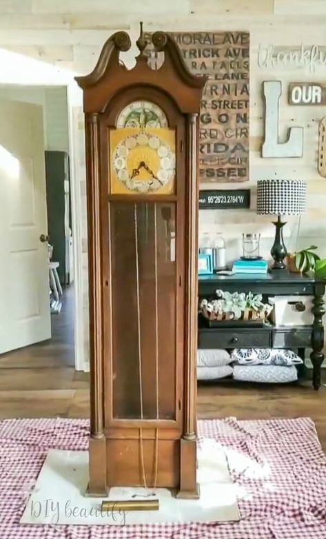 Upcycle Grandfather Clock, Grandfather Clock Makeover, Repurposed Grandfather Clock, Clock Makeover, Grandmother Clock, Antique Grandfather Clock, Antiquing Furniture Diy, Grandfather Clocks, Clock Painting