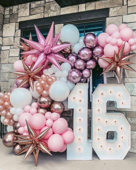 Blown Out of Proportion on Instagram: “16 🎈 .• 💡 Light-up Marquee Numbers available through @alphalitslc! .•” Sweet 16 Balloon Decorations, 16 Party Ideas, Sweet 16 Party Ideas, Marquee Numbers, Sweet 16 Party Decorations, Sweet Sixteen Birthday Party Ideas, Movie Night Birthday Party, Sweet 16 Themes, 16 Balloons