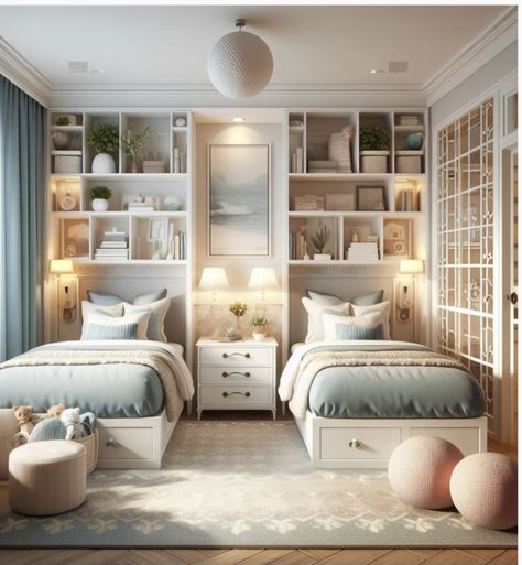 2 Teen Girls Bedroom Ideas, Aesthetic Bedroom 2 Beds, Two Twin Bed Bedroom, Girls Room Ideas With Two Twin Beds, Two Teen Girls Bedroom Ideas, Small Bedroom For Twins, Turn One Room Into Two Bedrooms, 2 Beds Bedroom Ideas, 2 Person Bedroom Ideas Small Spaces