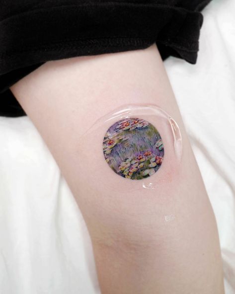 Monet Water Lily Tattoo, Water Lily Monet Tattoo, Monet Tattoo Ideas, Claude Monet Tattoo, Monet Tattoo, Colored Tattoos, Painting Tattoos, Water Lily Tattoos, Art Inspired Tattoos