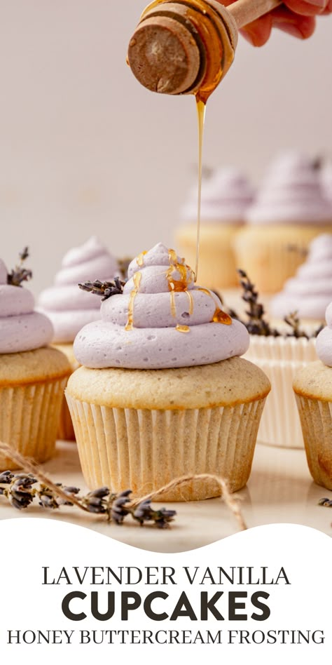 These lavender cupcakes are light and airy vanilla cupcakes made with real vanilla bean and lavender underneath a layer of almond and honey buttercream. They're almost (almost!) too fancy to eat. Easy But Fancy Desserts, Fun Cupcakes Ideas, Good Treats To Make, Natural Cupcakes, Cupcakes With White Frosting, Cupcakes With Buttercream Frosting, Cute Cupcake Recipes, Cupcake Garnish Ideas, Cupcakes With Buttercream