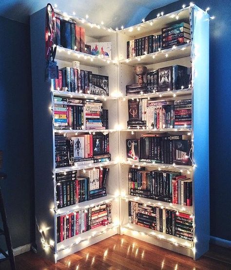 book shelf ideas | fairy lights or christmas lights | DIY Bookshelf Inspiration, Dream Library, Urban Interiors, Bookshelves Diy, Room Goals, 아파트 인테리어, Home Libraries, House Goals, Home Library