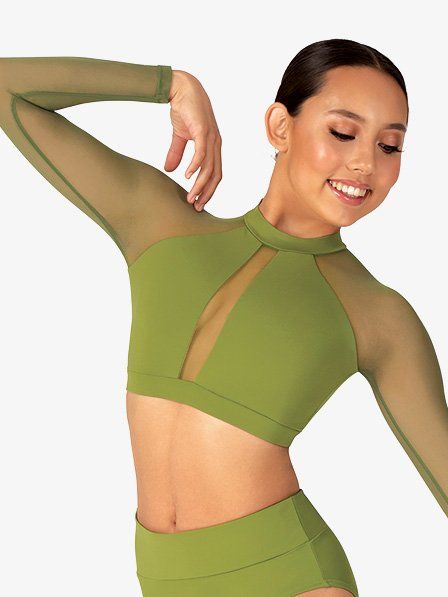 Dance Audition Outfit, Pretty Dance Costumes, Dance Crop Tops, Dance Bras, Pole Dance Wear, Contemporary Dance Costumes, Dance Tops, Mock Neck Long Sleeve, Dance Leotards