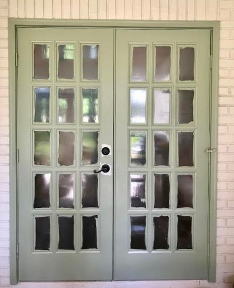 Green French Doors Interior, Patio Door Paint Ideas, Painted French Doors Exterior Patio, Green French Doors, Painting French Doors, Paint French Doors, Painted French Doors, French Doors Living Room, French Door Interior