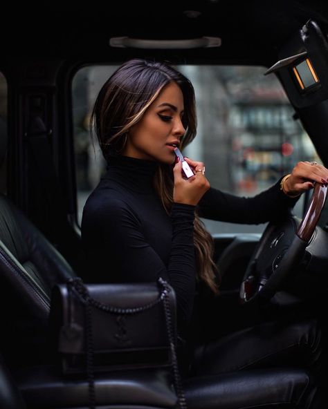 Fashion blogger mia mia mine wearing an all black outfit while applying YSL Slim Glow Matte lipstick. Click through to see more fall makeup ideas, neutral fall lipsticks, and nude lips for fall. #fallmakeup #beauty #style Mia Mia Mine, Car Poses, Mia Mia, High Value Woman, Nude Lips, Luxury Aesthetic, Nude Lip, Classy Women, Boss Lady