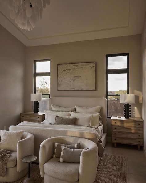 Nestle into the serenity of this inviting retreat, where soft neutrals blend seamlessly with the natural warmth of wood accents, offering a cozy haven for restful nights. #AuraProjectByGHD ⠀⠀⠀⠀⠀⠀⠀⠀⠀ Design Director: @kristenhancockdesign Lead Interior Designer: @giannajamison Design Assistant: @cfisher_84 White And Cream Bedroom, Minimalist Mediterranean, Cream Duvet Cover, Cream Bedroom, Cream Duvet, Bedroom Sanctuary, Mediterranean House, Cloud Fabric, Luxury Room