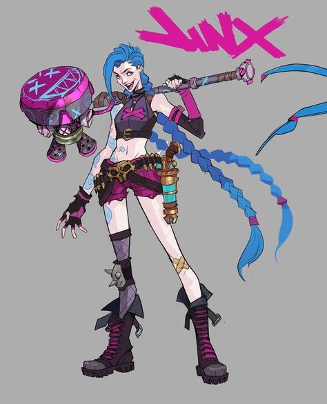 Hicham Habchi | 2XKO Jinx Character Concept Art #characterconcept #jinx #arcane Big shoutout to @jonlamart @nexzerker for the concept support on props!... | Instagram Female Brawler Character Design, Jinx Redesign, Arcane Jinx Art, Jinx Concept Art, Jinx Design, Jinx Character, Character Poses Reference, Hicham Habchi, Dynamic Posing