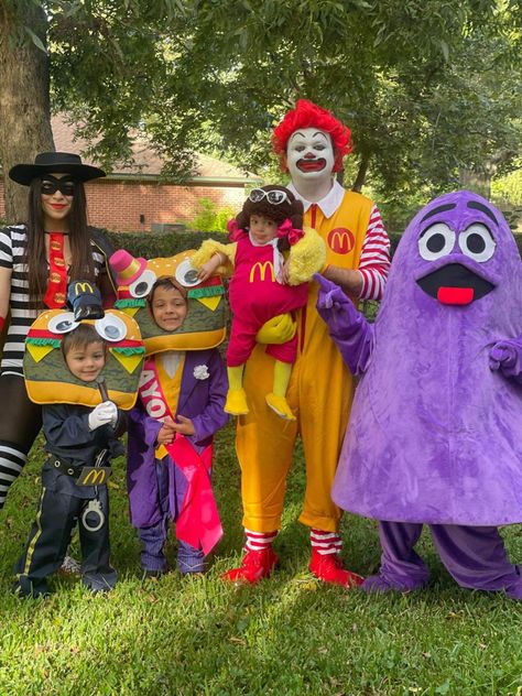 Mcdonald’s Family Costume, Mcdonald's Characters Costumes, Diy Grimace Costume, Mcdonald’s Halloween Costumes, Grimace Costume Diy, Family Of 6 Costumes, Mcdonalds Trunk Or Treat, Grimace Halloween Costume, Group Cosplay Ideas For 4