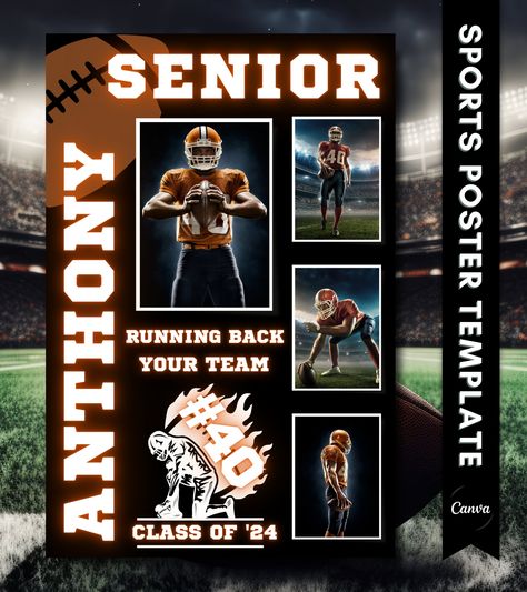 "Celebrate the achievements of your senior football player with this dynamic Football Senior Poster Canva template. Available in four sizes, this versatile template lets you personalize with four photos, the player's name, jersey number, position, and team name. Match the colors to your team's theme for a customized touch. Create a lasting keepsake effortlessly--personalize and order now for a memorable tribute to your senior athlete! ○ SPECIFICATIONS Template 1 (2:3 Ratio) for printing: 4x6\" | 8x12\" | 12x18\" | 16x24\" | 20x30\" | 24x36\" Template 2 (3:4 Ratio) for printing: 6x8\" | 9x12\" | 12x16\" | 15x20\" | 18x24\" Template 3 (4:5 Ratio) for printing: 4x5\" | 8x10\" | 12x15\" | 16x20\" | 24x30\" Template 4 (11:14 Ratio) for printing: 11x14\" ○ HOW TO 1. Tap \"Add to Cart\" and compl Senior Football Signs Poster Ideas, Football Senior Table Ideas, Football Posters Homecoming, Senior Night Poster Board Ideas Football, Football Senior Board, Senior Night Poster Ideas Football, Football Senior Posters, Senior Football Locker Decorations, Senior Football Ads From Parents