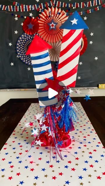 Kimbo- on Instagram: "DIY easy firework decor!  These would be so cute on a wreath too! Head to the @dollartree to grab the supplies!" Firework Decorations Diy, Pool Noodle 4th Of July Decorations, Firework Decor, Firecracker Decoration, Dollar Tree 4th Of July Wreath, Diy Fireworks Decoration, America Decorations, Fireworks Party, How To Make Glitter