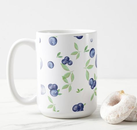 A pretty mug decorated with blueberries. #giftideas #coffeemug #coffee Watercolor Blueberries, Blueberry Pattern, Pottery Place, Blueberry Coffee, Diy Pottery Painting, Pretty Mugs, Painted Flower Pots, Painted Mugs, Fruit Painting