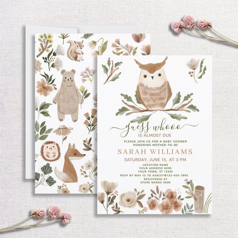 Boho Guess Who is Almost Due Owl Baby Shower Invitation Theme Illustration, Owl Baby Shower Invitations, Painted Fox, Woodland Animals Theme, Modern Baby Shower Invitations, Fox Squirrel, Boho Baby Shower Invitations, Watercolor Baby Shower, Owl Baby