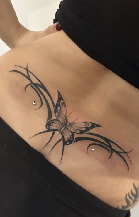 Tramp Stamp Piercing, Tramp Stamp Guys, Tramp Stamp With Dermals, Back Dermals And Tramp Stamp, Cute Trap Stamp Tattoos, Tramp Stamp And Back Dermals, Tramp Stamp Tattoos With Dermals, Ice Spice Tramp Stamp, Back Dermal Piercing With Tramp Stamp