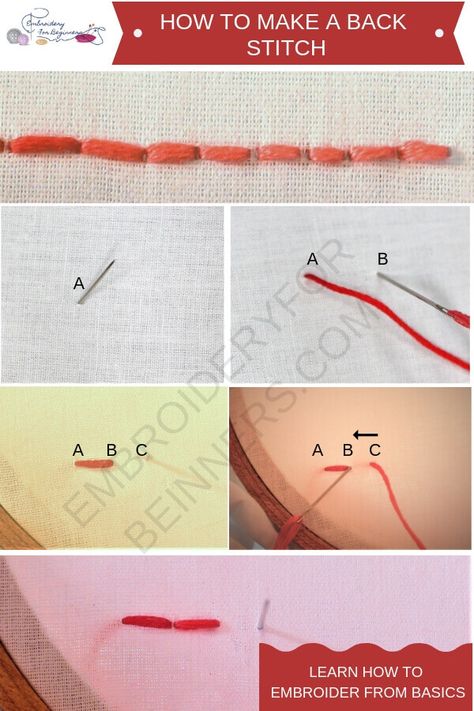 learn how to make back stitch in step by step photos #embroidery #embroiderypatterns #embroiderystitches Back Stitch Step By Step, How To Back Stitch Embroidery, How To Back Stitch, Embroidery Back Stitch, Back Stitch Embroidery, Basic Embroidery Stitches, Embroidery Stitches Tutorial, Blanket Stitch, Modern Crochet