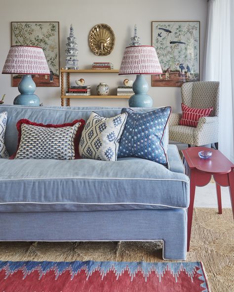 Patterned Sofa, Elizabeth Hay, Blue Sofa Living, Light Blue Sofa, Pattern Sofa, Sitting Rooms, Living Room Decor Inspiration, Cottage Living Rooms, Bedroom Views