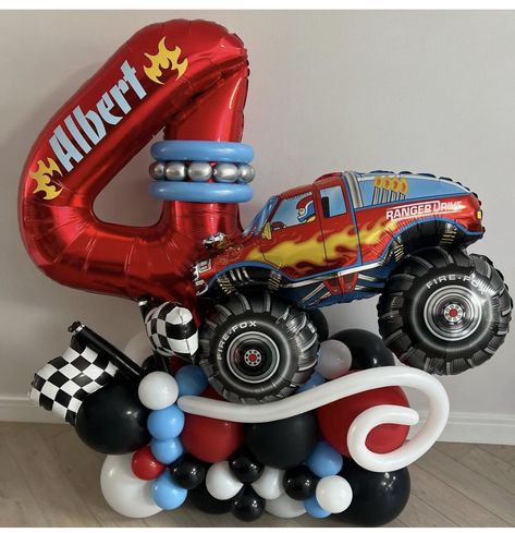 Hot Wheels Balloon Bouquet, Hot Wheels Birthday Balloons, Monster Truck Balloon Bouquet, Hot Wheels Balloons, Monster Truck Balloons, Hot Wheels Balloon Garland, Snack Tower, Monster Jam Birthday Party, Balloon Inspiration