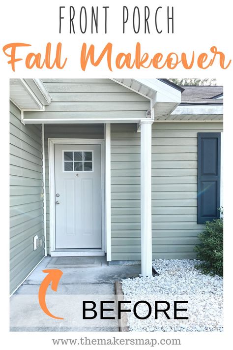 Fall Front Porch Makeover Fall Porch Small Decor, Small Porch Stoop Ideas, Small Side Entrance Ideas Exterior, Cheap Fall Front Porch Decor, Fall Front Steps Decor, Small Front Step Fall Decor Ideas, Small Porch Decorating Ideas For Fall, Fall Outdoor Decor Small Porch, Front Door Step Decor Ideas