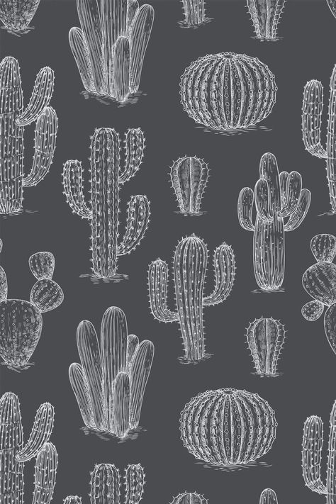 This gray and white cactus wallpaper pattern is the perfect way to bring the beauty of nature into your home, without limiting the colors you can use in your overall design. Thanks to the neutral color scheme in the pattern, you can add as much (or as little) color in the rest of your hallway/entryway while still perfectly complementing the wallpaper. Beyond that, the realistic design on the wallpaper makes for a stunning piece of art… on an entire wall of your home! Designs like this black and Neutral Cowgirl Aesthetic, Black And White Western Wallpaper, Western Screensavers, Cute Western Backgrounds, Western Cactus Wallpaper, Western Wallpaper, Cactus Wallpaper, Boho Cactus Wallpaper Bathroom, Cactus Pattern Wallpaper