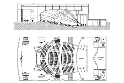 Multi-plex theater building plan and section detail 2d view layout file in dwg format Theatre Plan, Theatre Section, Theater Building, Theater Plan, Section Detail, Auditorium Design, Theatre Building, Theater Architecture, Conference Hall