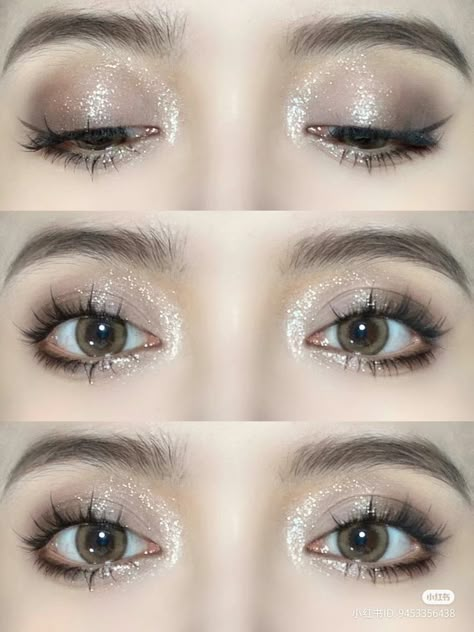 Grey Makeup Douyin, Simple Grey Eye Makeup, Prom Makeup For Doe Eyes, Cute Silver Makeup Looks, Silver Makeup Looks Simple, Light Grey Eyeshadow, Simple Silver Eyeshadow, Silver Makeup Simple, Silver Eyeshadow Looks Simple