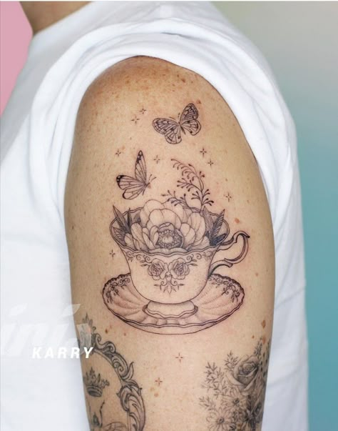 Not Everyone's Cup Of Tea Tattoo, Soul Sisters Tattoos, Teacup Tattoo Vintage, Fantasy Tattoo Sleeve, Cup Of Tea Tattoo, Tea Tattoos, Cutesy Tattoos, Tea Cup Tattoo, Small Butterfly Tattoos