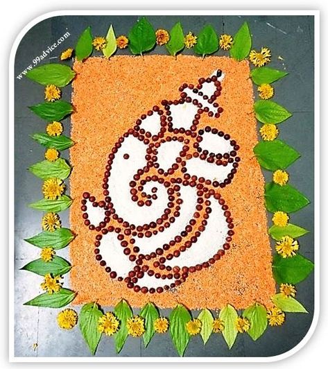 22 Best, Easy And Quick Ganesh Chaturthi 2019 Rangoli Designs - 99Advice Rangoli Designs With Rice, Ganpati Rangoli Designs Latest, Ganeshji Drawing, Ganesha Kolam, Ganpati Rangoli Designs, Ganapati Rangoli, Color Rangoli Designs, Ganesh Bappa, Eco Friendly Ganpati Decoration