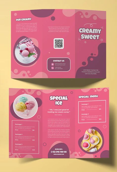 Ice Cream Trifold Brochure Template InDesign Pink Brochure Design, Ice Cream Brochure Design, Broshor Design Layout, Brosure Design Ideas, Cute Brochure Design, Food Brochure Design Creative, Ice Cream Menu Design Ideas, Ice Cream Brochure, Brochure Design Creative Graphics