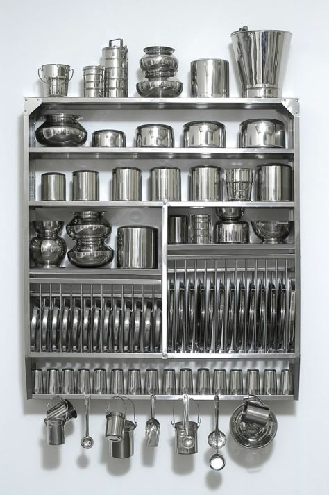 Subodh Gupta, Ikea Kitchen Storage, Kitchen Wall Storage, Industrial Kitchen Design, Kitchen Cupboard Designs, Indian Home Design, Kitchen Organisation, Indian Kitchen, Kitchen Interior Design Decor