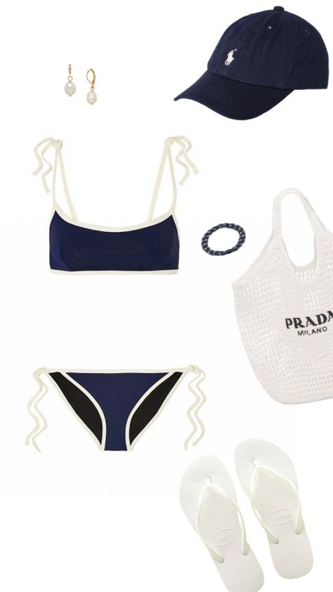 Outfit inspo dark blue white beachy bikini Dark Blue Swimsuit Aesthetic, Clean Girl Swimsuit, Coastal Bathing Suits, Summer Swimwear Aesthetic, Dark Blue And White Outfit, Old Money Swimwear, Summer Swimsuit Outfits, Clothing Collage, Classy Swimsuit