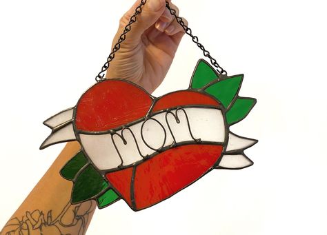 Stained glass heart mom tattoo suncatcher, classic old-school tattoo art, Unique Valentine's Day gift for mom, Ready to ship stained glass Heart Mom Tattoo, Mom Heart Tattoo, Stained Glass Heart, Mom Things, Mom Tattoo, Unique Valentines Day Gifts, Glass Creations, Classic Tattoo, Unique Mothers Day Gifts