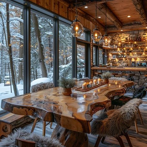 Log Cabin Dining Room, Western Houses, Book Locations, Cabin Dining Room, Winter Mountain, Rustic Home Design, Unique House Design, Timber Frame Homes, Interiors Dream