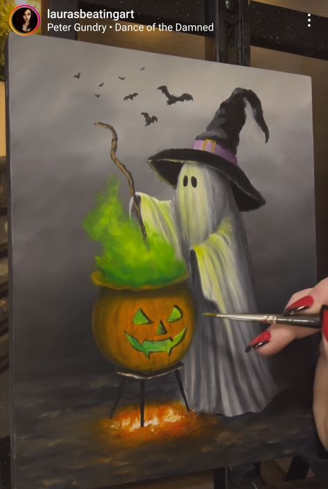 Halloween Fun Paintings, Diy Canvas Art Painting Easy Halloween, Colored Pencil Halloween Drawings, Spooky Halloween Pictures Art, Step By Step Ghost Painting, Halloween Ghost Painting Ideas, Spooky Sip And Paint Ideas, Spooky Drawings Halloween, Witch Gnome Painting