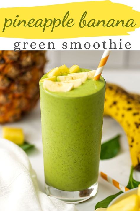 Glass filled with pineapple banana spinach smoothie with a straw in the glass. Healthy Greek Yogurt Smoothie, Pineapple Spinach Smoothie, Yogurt Smoothies Healthy, Pineapple Green Smoothie, Banana Green Smoothie, Smoothie With Spinach, Banana Spinach Smoothie, Clean Eating Smoothies, Greek Yogurt Smoothie