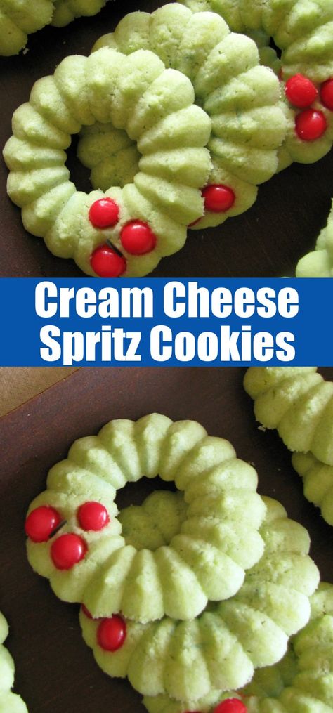 Cream Cheese Spritz Cookies - these spritz cookies or holly wreaths are the perfect holiday cookie. Just like you had as a kid, and you can make any shape you like! Decorated Spritz Cookies Christmas, Holiday Spritz Cookies, Cake Mix Spritz Cookies, Spritzer Cookies Recipe, Spritz Cookies With Cream Cheese, Sugar Free Spritz Cookies, Wreath Spritz Cookies, Jello Spritz Cookie Recipe, Cream Cheese Spritz Cookies Christmas