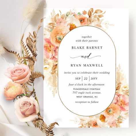 Peach Wedding Invitation Template, Oval Wedding Invitation, Peach Blush Wedding, Peach Pink Wedding, Wedding Invatations, Orange And Pink Wedding, Peach Wedding Invitations, Yellow Wedding Invitations, Orange Wedding Invitations