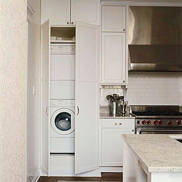 Washer In Closet, Laundry In Kitchen, Laundry Room Stackable, Small Laundry Area, Functional Laundry Room, Stacked Laundry Room, Laundry Room Storage Shelves, Hidden Laundry, Small Laundry Room Organization