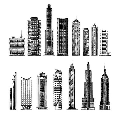 How To Draw Skyscrapers, Skyscraper Blueprints, Skyscraper Tattoo, Skyscrapers Drawing, Building Design Sketch, Skyscraper Sketch, Skyscraper Drawing, Buildings Sketch, City Scene Painting