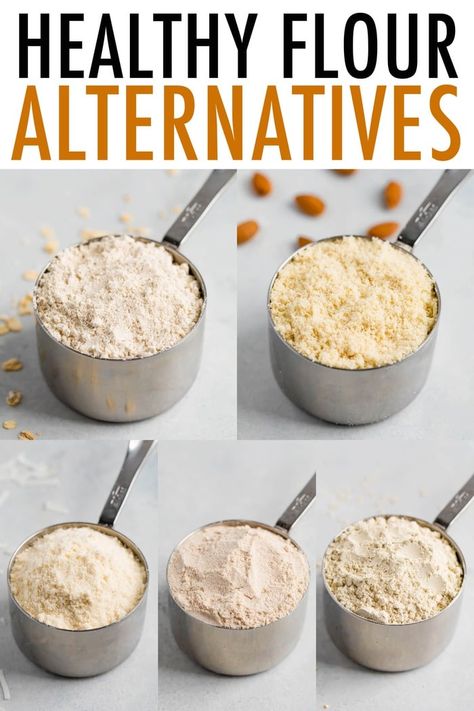 Looking for a healthy alternative to processed white flour? This healthy flour guide will help you figure out what flours are best and how to use them! Learn how to bake with flour substitutes like oat flour, almond flour, coconut flour, and more! #healthyflour #flourless #flouralternatives #lowcarbflour #eatingbirdfood Best Flour For Baking, Substitute For Almond Flour, How To Make Coconut Flour, Flour Substitutes For Baking, Oats Flour, All Purpose Flour Substitute, Flour Substitute Chart, How To Make Almond Flour, Healthy Flour Substitute