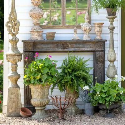 THE RABBIT'S GARDEN | Shop Sales Events Antique Farmhouse Country Garden Patio, French Country Garden Patio, Fireplace And Mantle, Reclaimed Wood Mantel, Library Fireplace, Bridal Umbrella, French Country Collections, Park Hill Collection, Tall Candle Holders