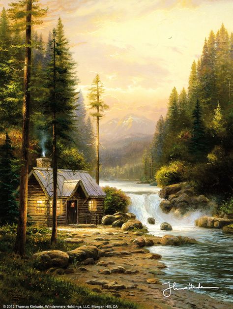 Thomas Kinkade Cottage, Thomas Kinkade Art, Thomas Kinkade Paintings, Thomas Kincaid, Kinkade Paintings, Art Thomas, Cabin Art, Forest Painting, A Cabin