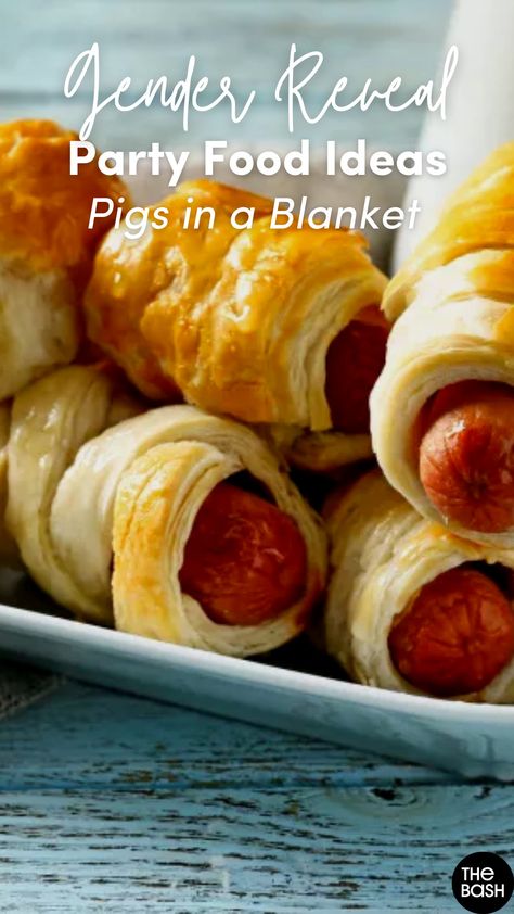 Celebrate new beginnings with family and friends by jumping on the trend with these unique gender reveal party ideas like a Pigs in a Blanket!🍼 Click here for more ideas!🎉 #thebash #genderreveal #genderrevealpartyideas #fallgenderrevealideas #simplegenderreveal #halloweengenderrevealideas #genderrevealfood #genderrevealannouncementideas #genderrevealthemeideas #genderrevealdrinks #genderrevealdecorations #babyshower #genderrevalparty #newmom #genderrevealpartygames #partygames #pigsinablanket Gender Reveal Appetizer Ideas, Gender Reveal Dinner Ideas, Food For Gender Reveal Party, Gender Reveal Food Ideas Meals, Gender Reveal Ideas For Party Food, Gender Reveal Drinks, Gender Reveal Food Ideas, Gender Reveal Party Food Ideas, Reveal Party Food Ideas