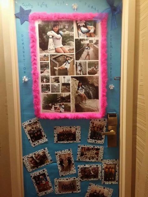 Door for NCA Hotel Door Decorations Dance, Cheer Camp Door Decorations Ideas, Cheer Door Decorations Hotel, Cheer Camp Door Decorations, Hotel Door Decorations, Cheer Decor, Cheer Camp, Mom Pride, Cheer Life