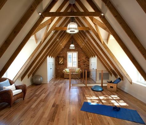 Traditional Conversion - Exposed beams against white walls and beautiful wood flooring - steep pitch roof Meditation Room Design, Attic Design Ideas, Yoga Room Design, Attic Renovation Ideas, Attic Loft, Attic House, Attic Conversion, Attic Space, Attic Design