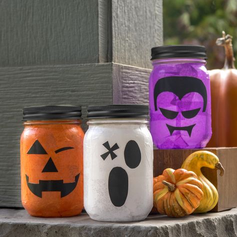 Halloween Mason Jar Lanterns, Halloween Lanterns Diy, Jar Decorations, Primary Activity, Mason Jar Luminaries, Tissue Paper Craft, Decoupage Jars, Halloween Jars, Halloween Mason Jars