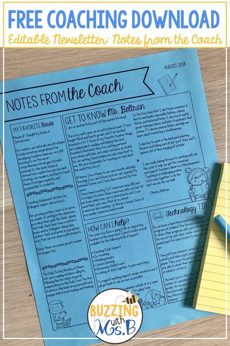 This free editable download will help you create a newsletter to share updates and content with your teachers! Instructional coaches need to keep their teachers up to date about events, tips, and initiatives. Share everything teachers need with this fun editable template! #coachingnewsletter #newslettertemplate Math Coach Newsletter, Instructional Coach Newsletter, Literacy Coach Newsletter, Curriculum Coach, Instructional Coach Office, Instructional Facilitator, Math Instructional Coach, Instructional Coaching Tools, Teacher Coaching