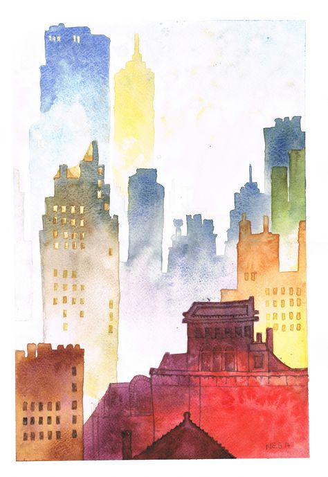 Cityscape Watercolor Painting, Watercolor City Easy, Abstract Architecture Painting, Watercolour Cityscape, Watercolor Art City, City Watercolor Painting, Watercolor Cities, Watercolor Building, City Watercolor