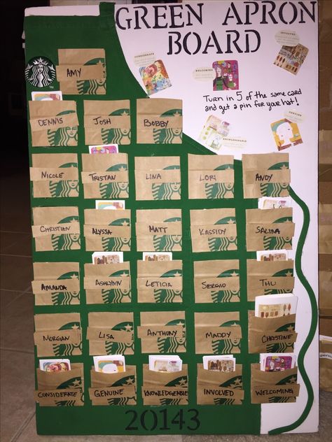 Starbucks Employee Board, Starbucks Community Board Ideas, Starbucks Partner Board Ideas, Starbucks Green Apron Board Ideas, Green Apron Board Starbucks, Green Apron Board, Starbucks Classroom, Partner Appreciation, Coffee Classroom