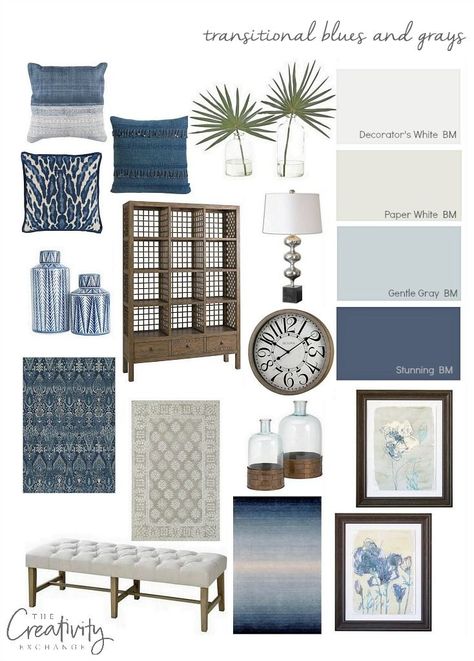 Layering a home in transitional blues and grays is a beautiful way to ground and create a neutral design base for switching out pops of colors. Coastal Living Rooms, Mediterranean Decor, Neutral Design, Blue Living Room, Transitional Decor, Decor Minimalist, New Living Room, Minimalist Decor, Room Colors